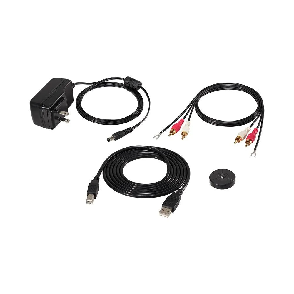 Adaptador de corriente, cable RCA, cable USB y adaptador de 45 RPM de la AT-LP120XUSB Tornamesa manual