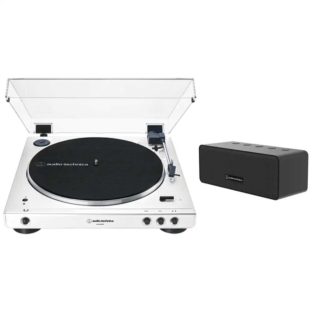 Tornamesa Automática AT-LP60XBT blanca y Altavoz Bluetooth AT-SP65XBT
