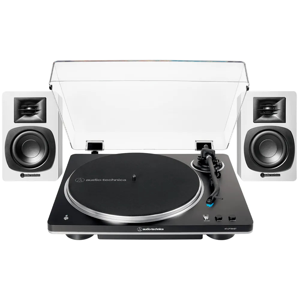 Tornamesa Automática AT-LP70XBT negra/plateada y Altavoces Bluetooth AT-SP3X blancos