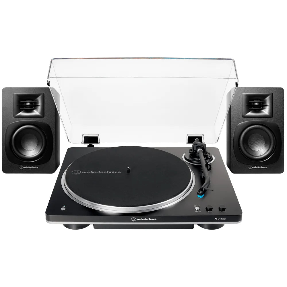 Tornamesa Automática AT-LP70XBT negra/plateada y Altavoces Bluetooth AT-SP3X negros
