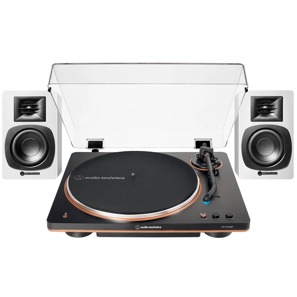 Tornamesa Automática AT-LP70XBT negra/bronce y Altavoces Bluetooth AT-SP3X blancos