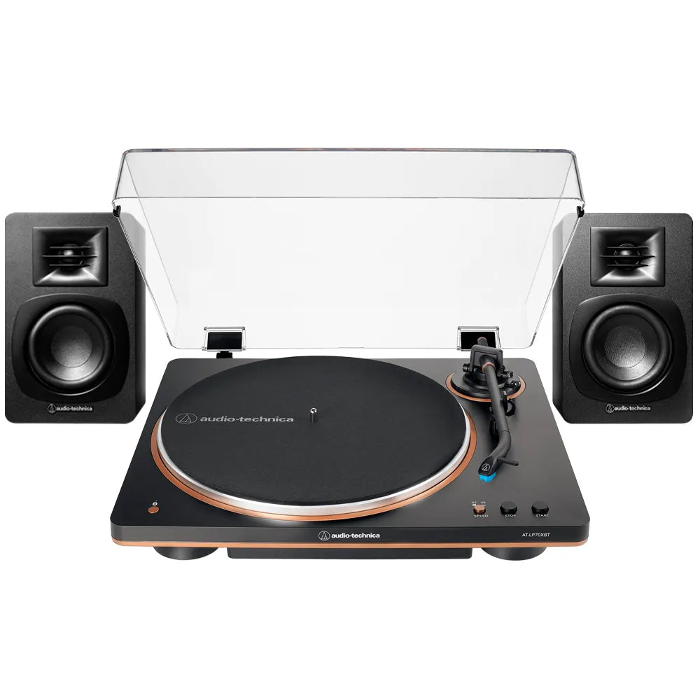Tornamesa Automática AT-LP70XBT negra/bronce y Altavoces Bluetooth AT-SP3X negros
