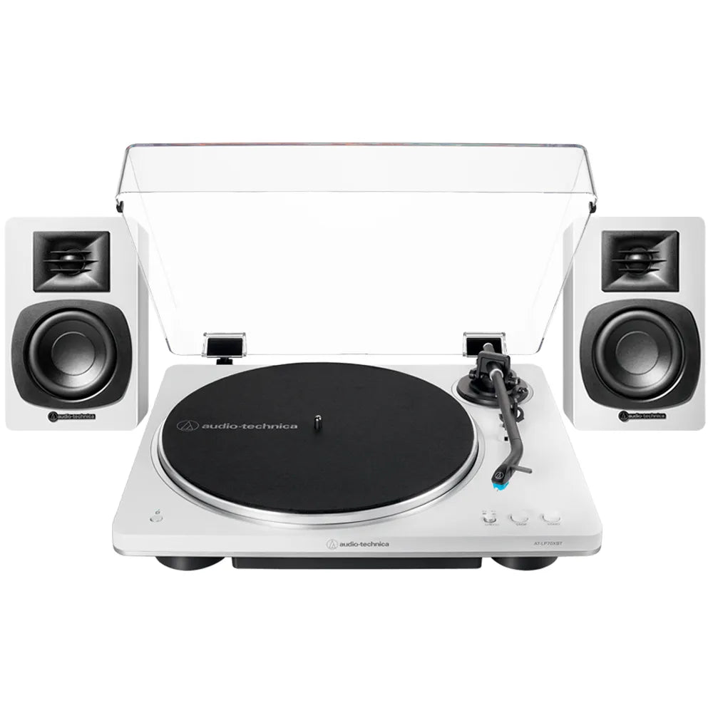 Tornamesa Automática AT-LP70XBT blanca y Altavoces Bluetooth AT-SP3X blancos