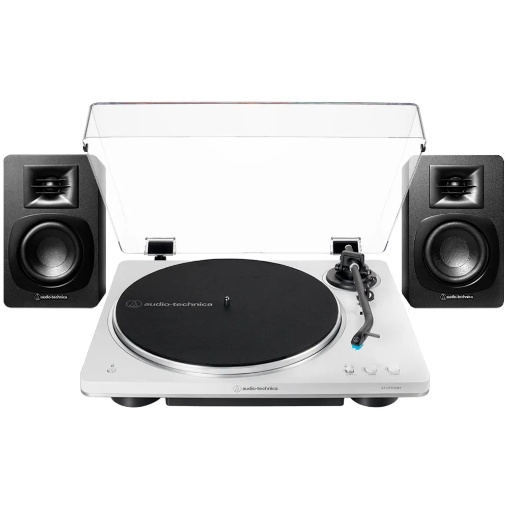 Tornamesa Automática AT-LP70XBT blanca y Altavoces Bluetooth AT-SP3X negros