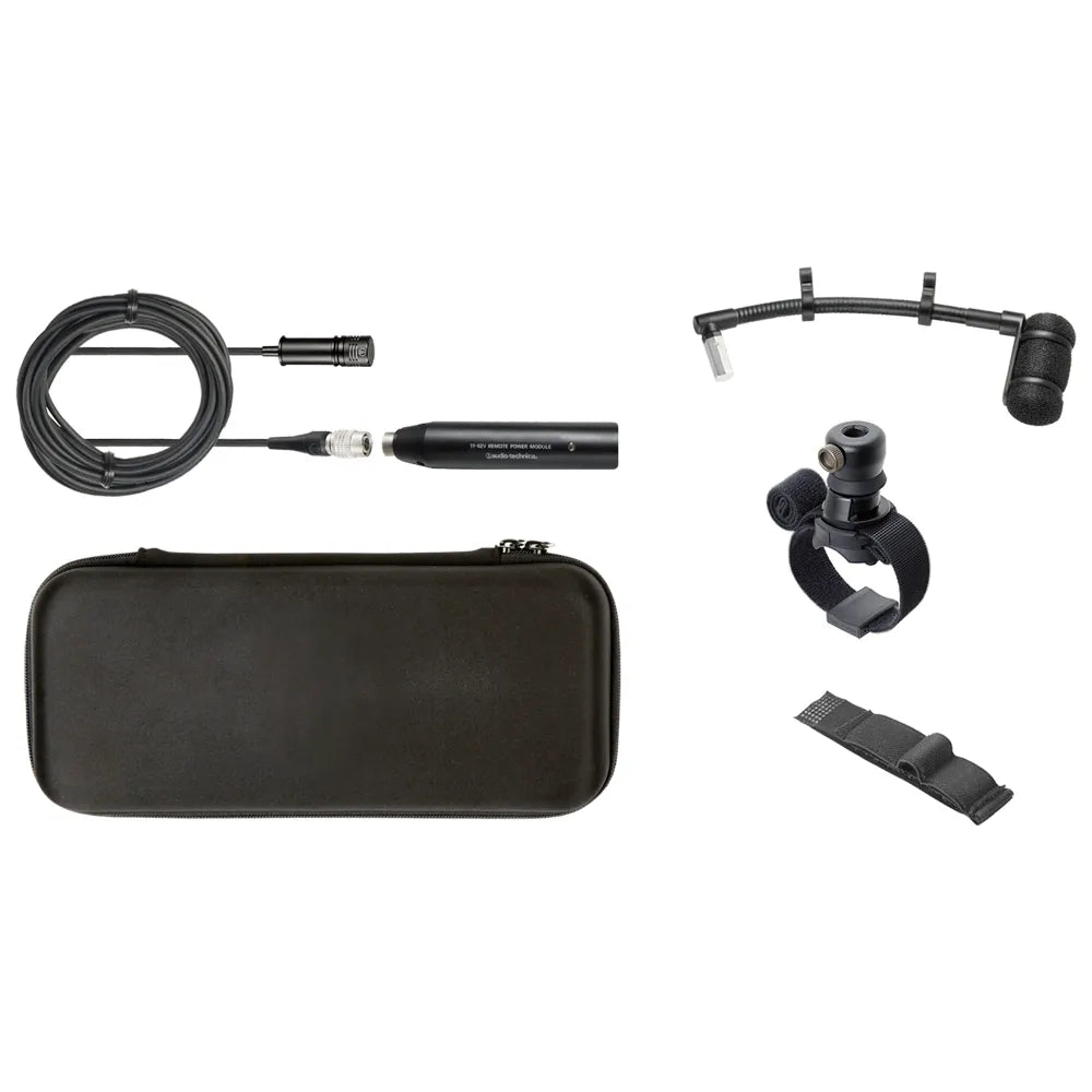 ATM350W Micrófono Condensador para instrumentos de viento, cable XLR, módulo de alimentación, soporte para instrumento de madera y violín